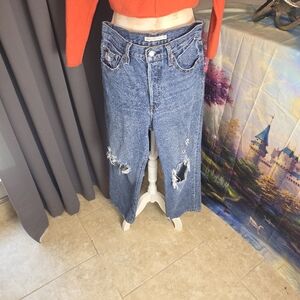 Levis Ribcage Straight Ankle Womens 28 Blue Distressed Cropped‎ High Waist